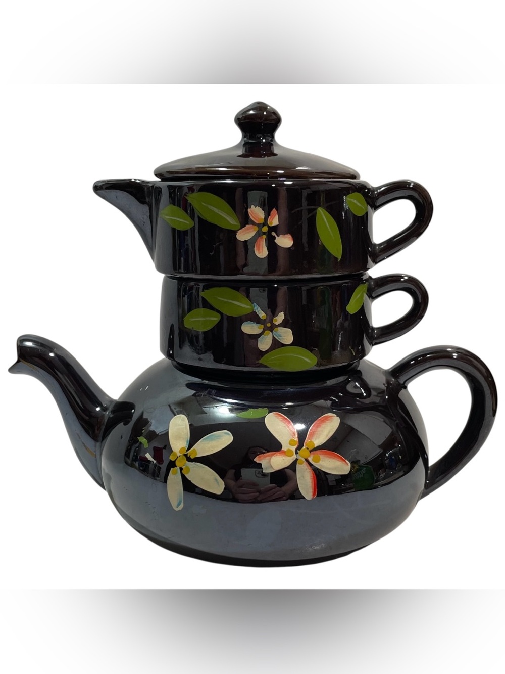Vintage 1950s Acme Ware Japan Redware Pottery Stackable Teapot Sugar Creamer